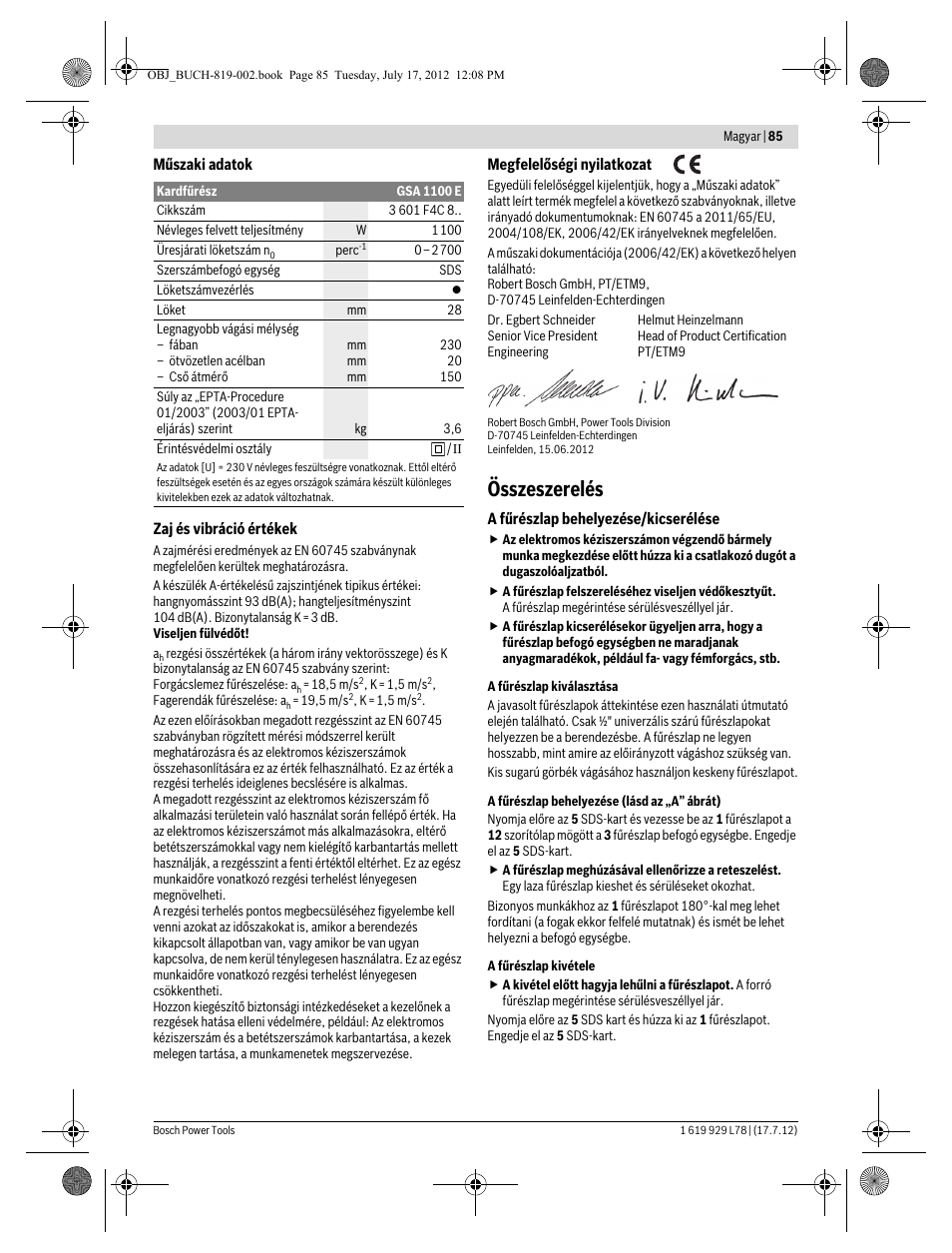 Összeszerelés | Bosch GSA 1100 E Professional User Manual | Page 85 / 144