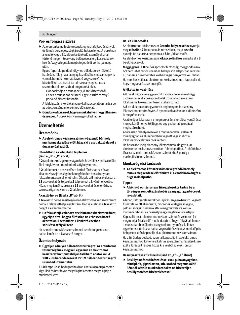 Üzemeltetés | Bosch GSA 1100 E Professional User Manual | Page 86 / 144