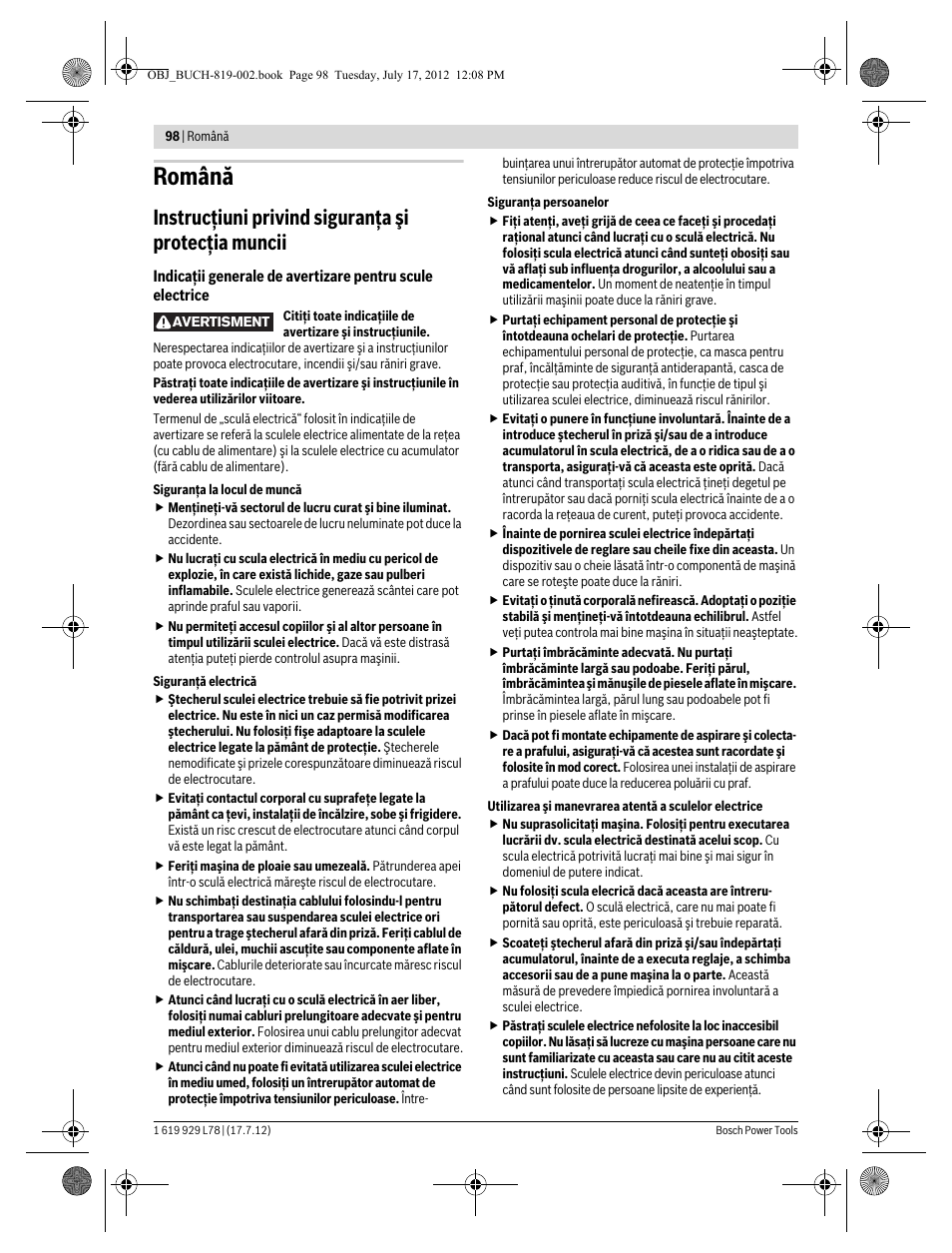 Română, Instrucţiuni privind siguranţa şi protecţia muncii | Bosch GSA 1100 E Professional User Manual | Page 98 / 144