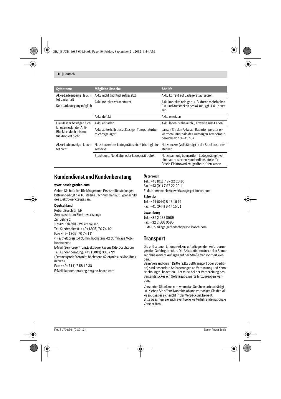 Kundendienst und kundenberatung, Transport | Bosch AHS 45-15 LI User Manual | Page 10 / 236