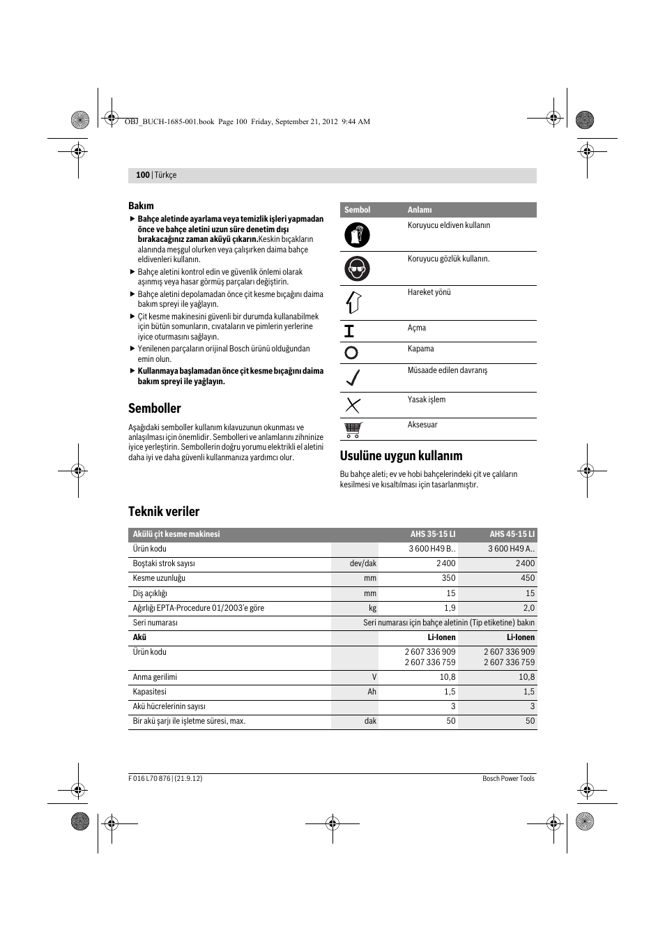 Semboller, Usulüne uygun kullanım, Teknik veriler | Bosch AHS 45-15 LI User Manual | Page 100 / 236