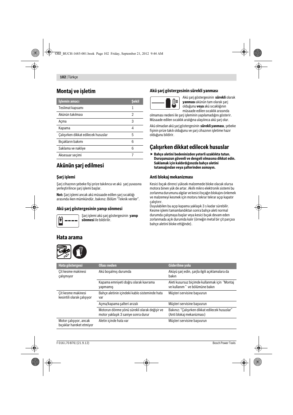 Montaj ve işletim akünün şarj edilmesi, Çalışırken dikkat edilecek hususlar, Hata arama | Bosch AHS 45-15 LI User Manual | Page 102 / 236