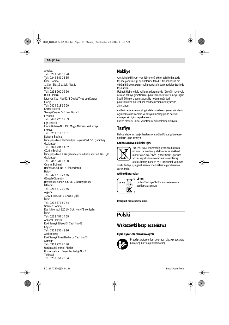 Polski, Nakliye, Tasfiye | Wskazówki bezpieczeństwa | Bosch AHS 45-15 LI User Manual | Page 104 / 236