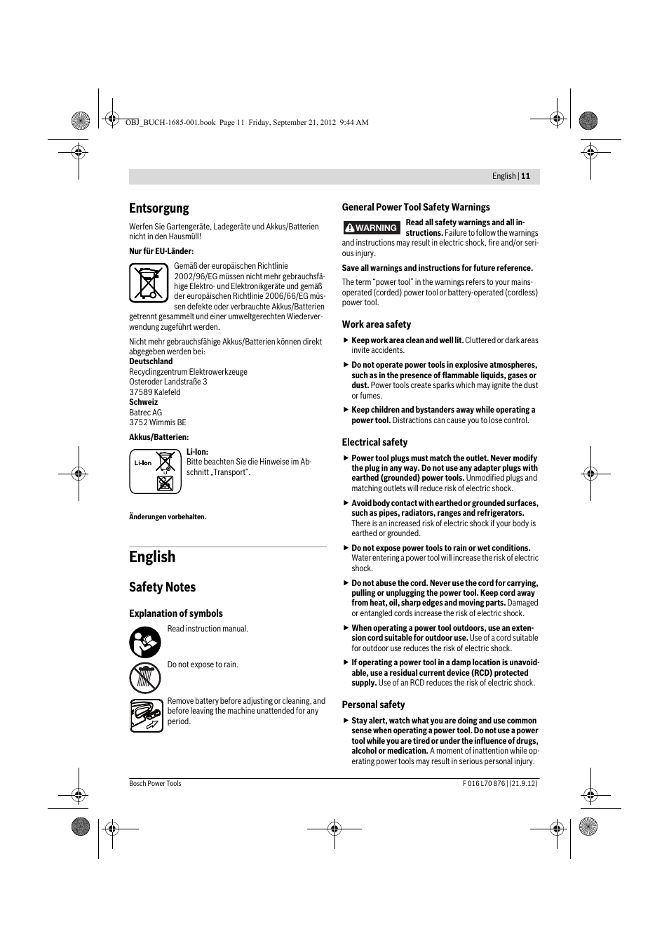 English, Entsorgung | Bosch AHS 45-15 LI User Manual | Page 11 / 236