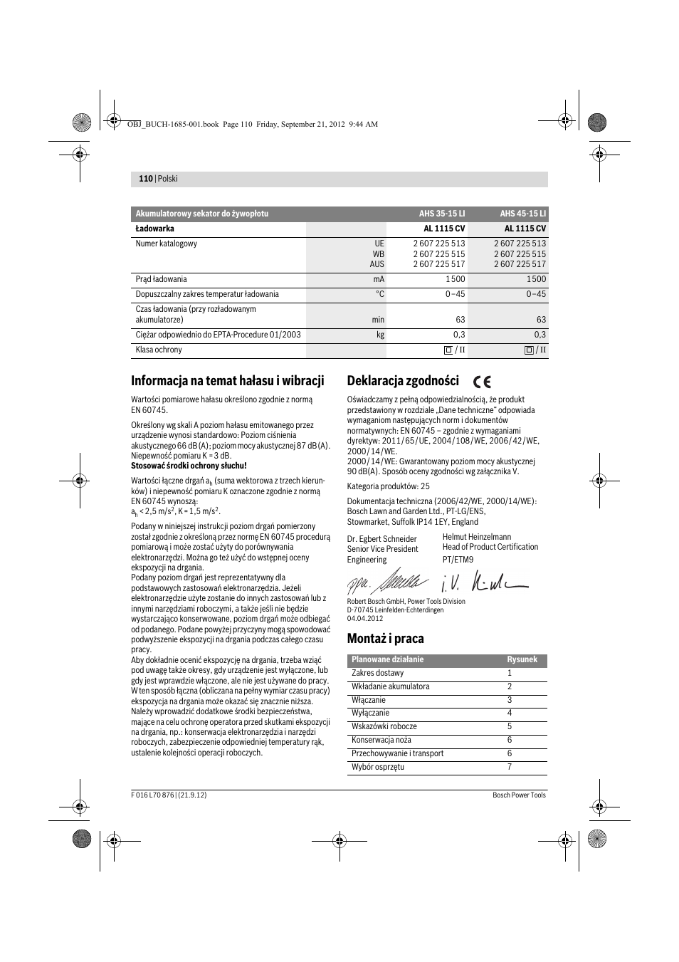 Informacja na temat hałasu i wibracji, Deklaracja zgodności, Montaż i praca | Bosch AHS 45-15 LI User Manual | Page 110 / 236