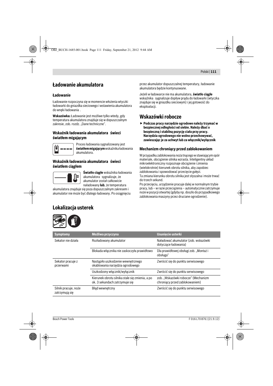 Ładowanie akumulatora, Wskazówki robocze, Lokalizacja usterek | Bosch AHS 45-15 LI User Manual | Page 111 / 236