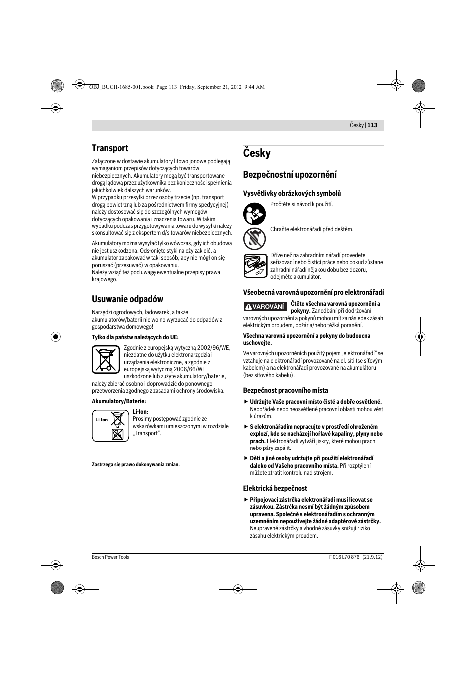 Česky, Transport, Usuwanie odpadów | Bezpečnostní upozornění | Bosch AHS 45-15 LI User Manual | Page 113 / 236