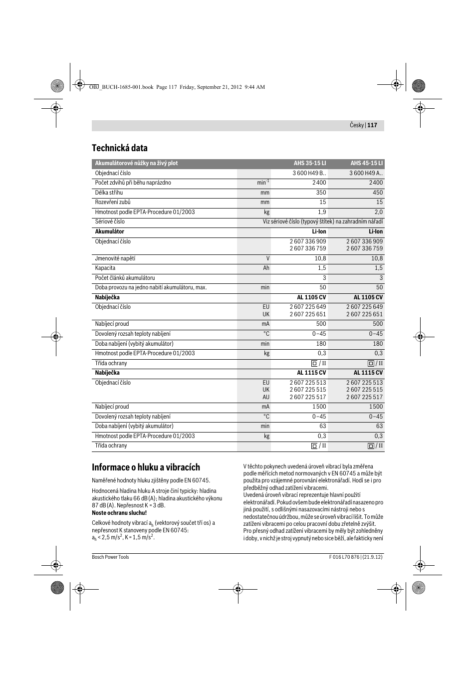 Technická data informace o hluku a vibracích | Bosch AHS 45-15 LI User Manual | Page 117 / 236