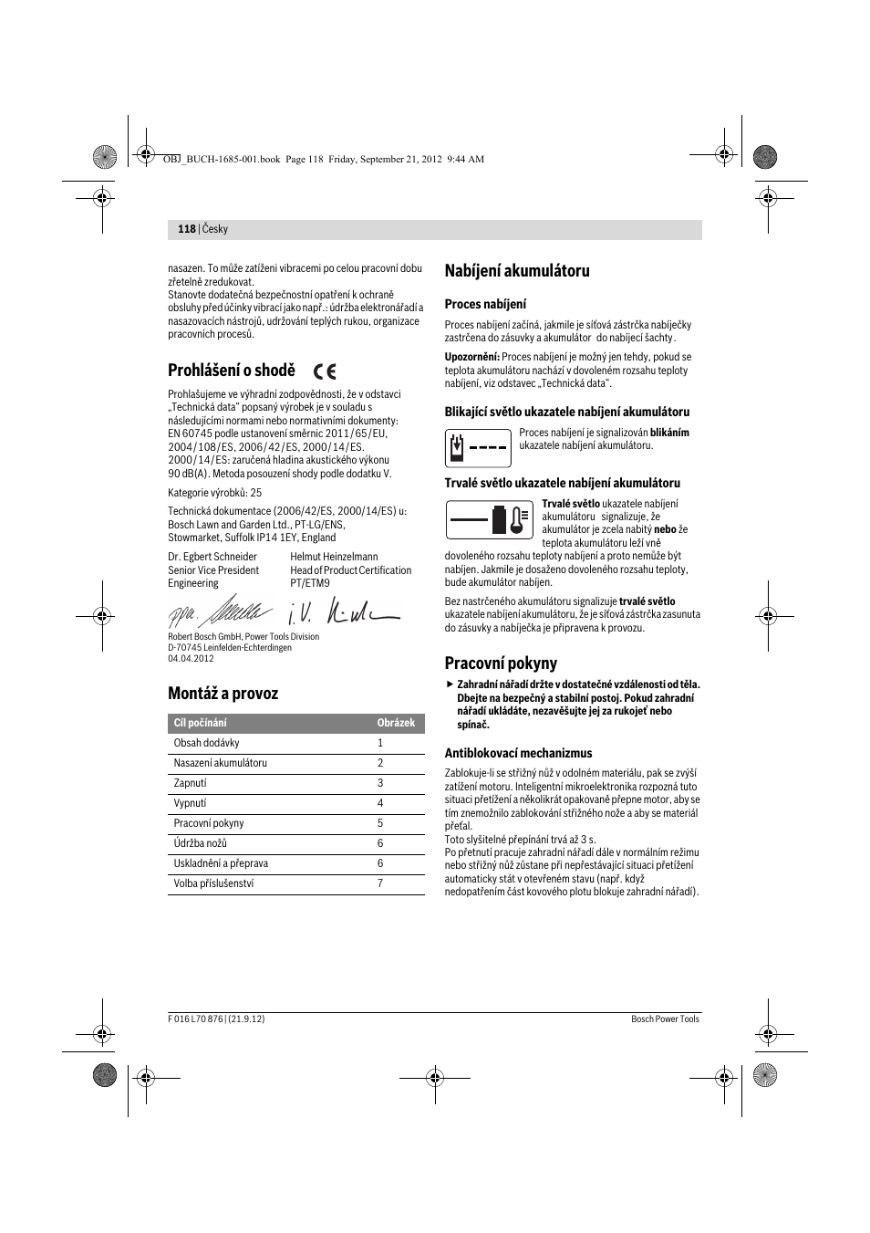 Prohlášení o shodě, Montáž a provoz nabíjení akumulátoru, Pracovní pokyny | Bosch AHS 45-15 LI User Manual | Page 118 / 236