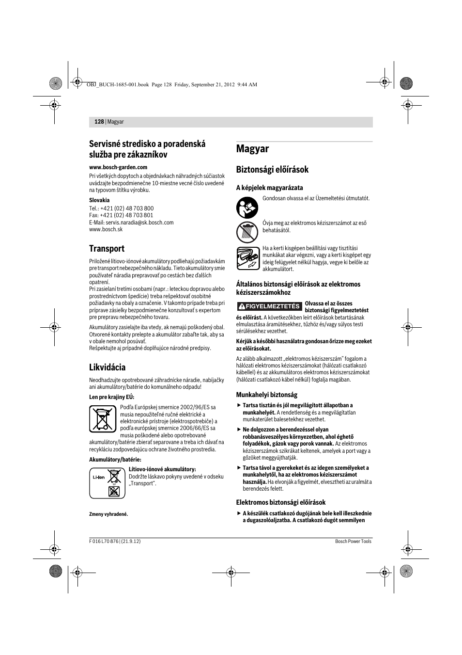 Magyar, Transport, Likvidácia | Biztonsági előírások | Bosch AHS 45-15 LI User Manual | Page 128 / 236