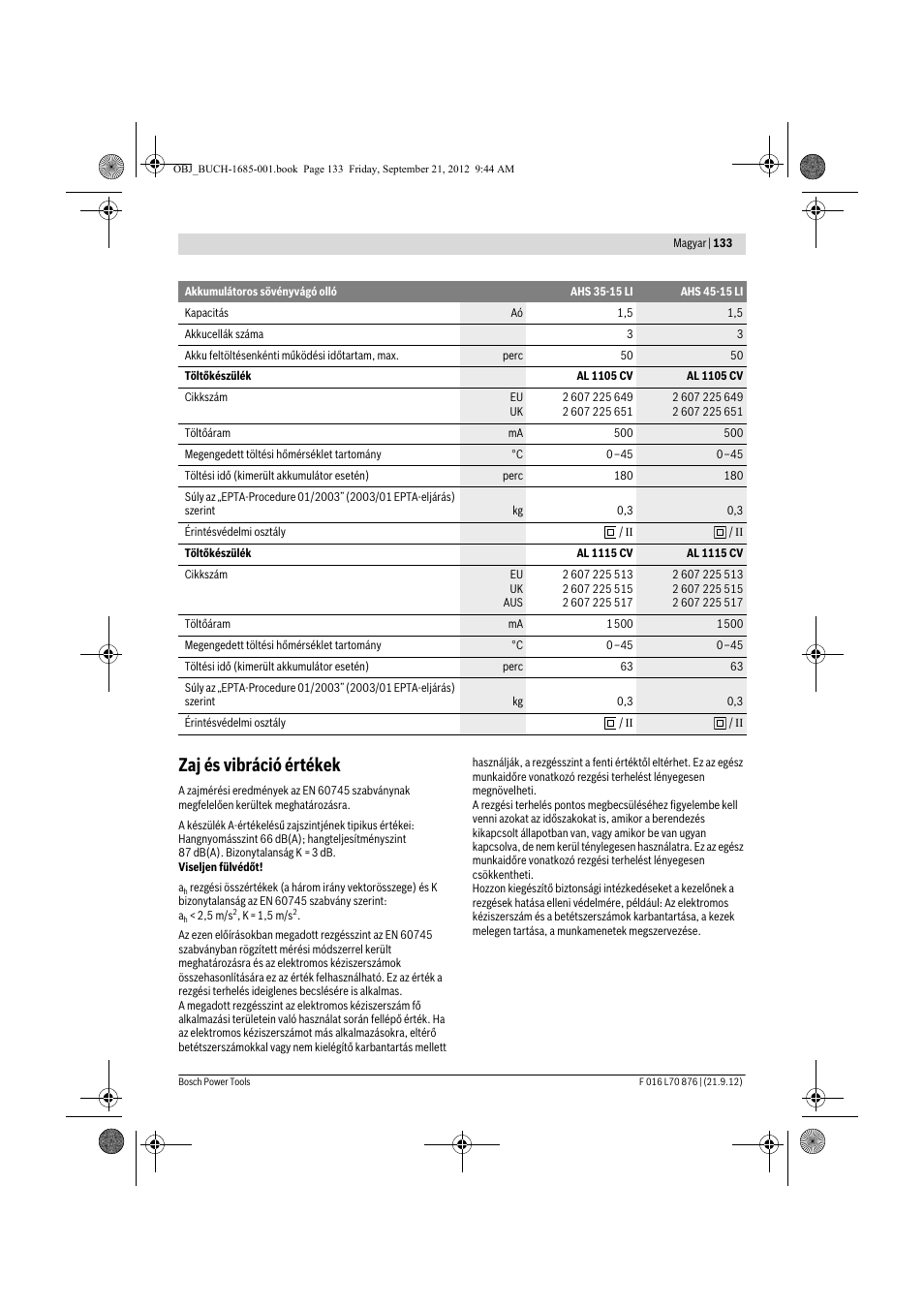 Zaj és vibráció értékek | Bosch AHS 45-15 LI User Manual | Page 133 / 236