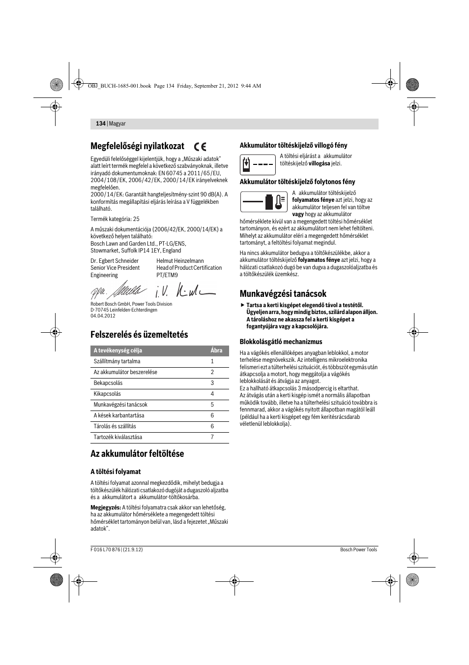 Megfelelőségi nyilatkozat, Munkavégzési tanácsok | Bosch AHS 45-15 LI User Manual | Page 134 / 236