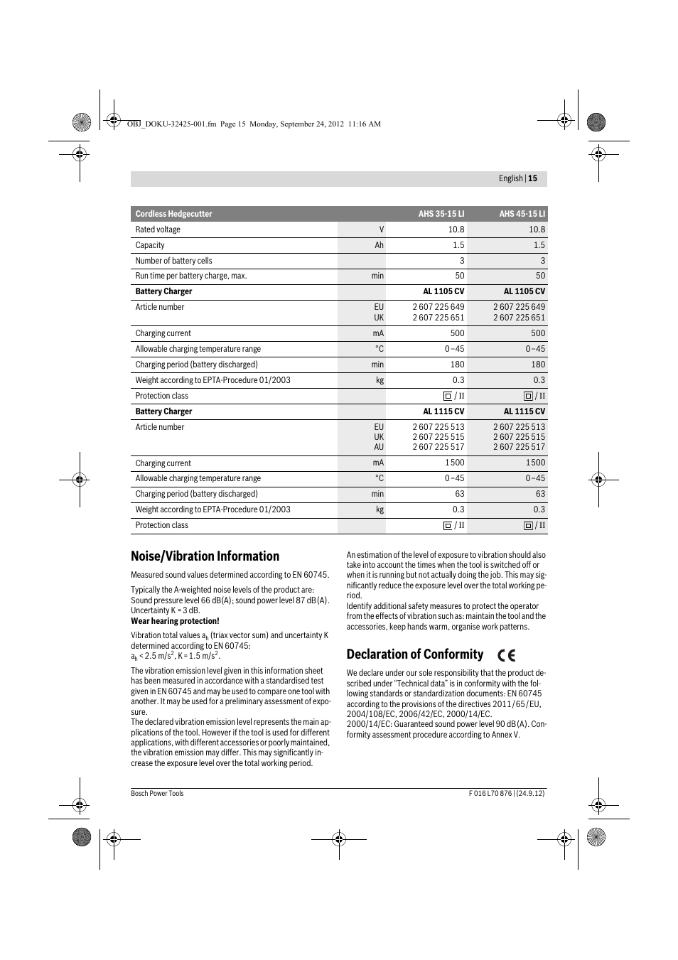 Noise/vibration information, Declaration of conformity | Bosch AHS 45-15 LI User Manual | Page 15 / 236