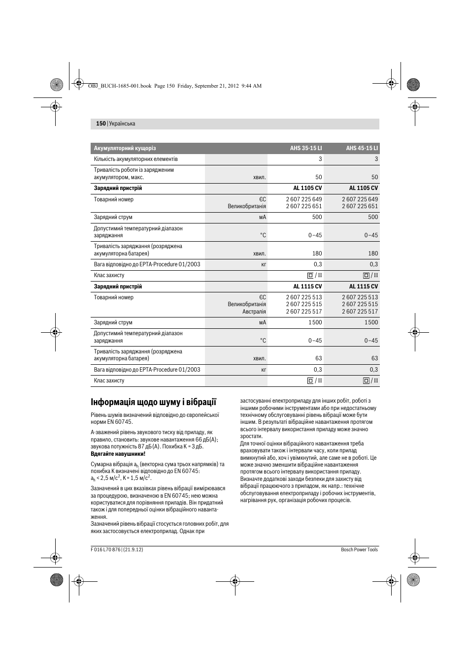 Інформація щодо шуму і вібрації | Bosch AHS 45-15 LI User Manual | Page 150 / 236