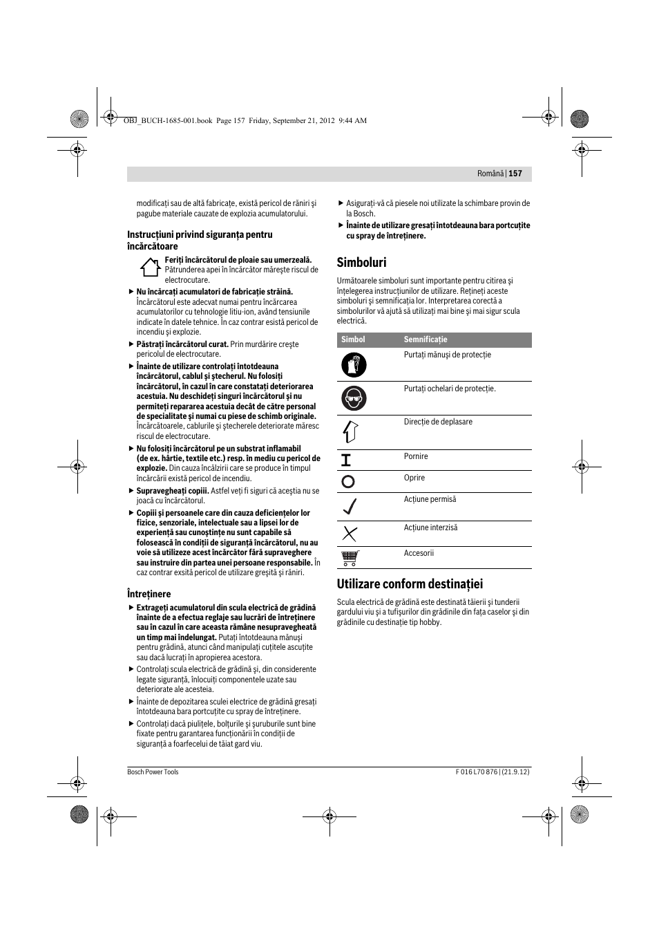 Simboluri, Utilizare conform destinaţiei | Bosch AHS 45-15 LI User Manual | Page 157 / 236