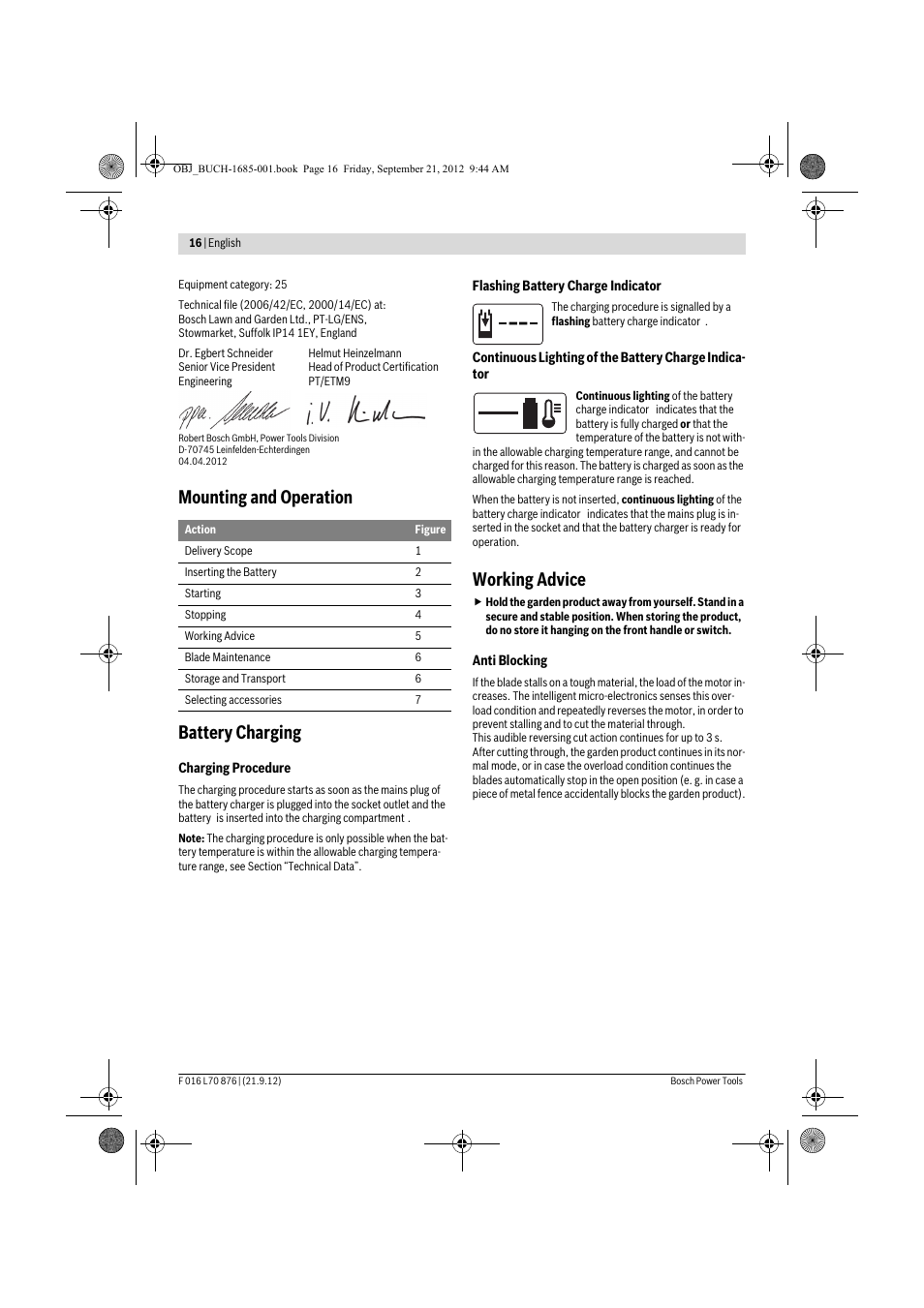 Mounting and operation battery charging, Working advice | Bosch AHS 45-15 LI User Manual | Page 16 / 236