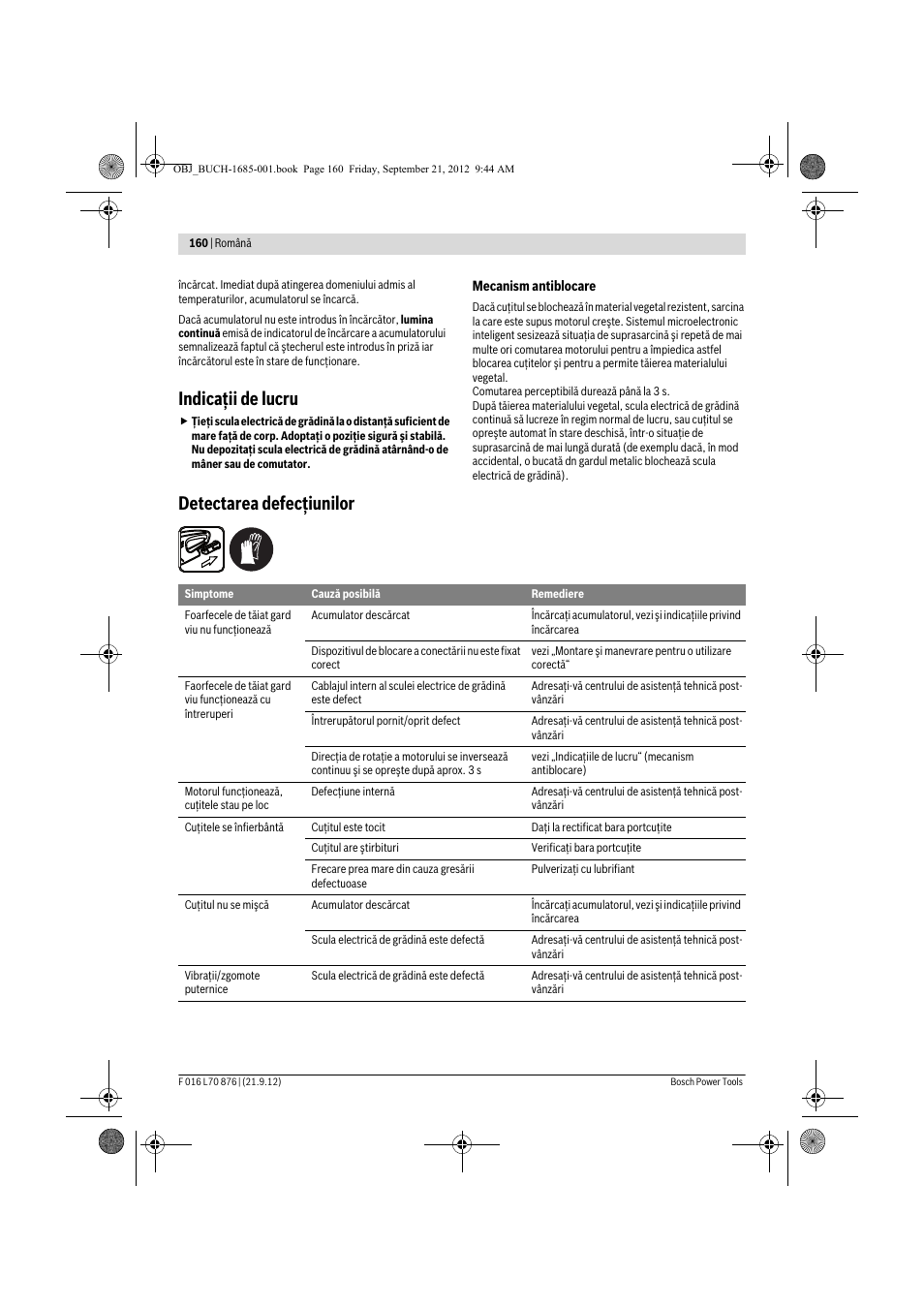 Indicaţii de lucru, Detectarea defecţiunilor | Bosch AHS 45-15 LI User Manual | Page 160 / 236