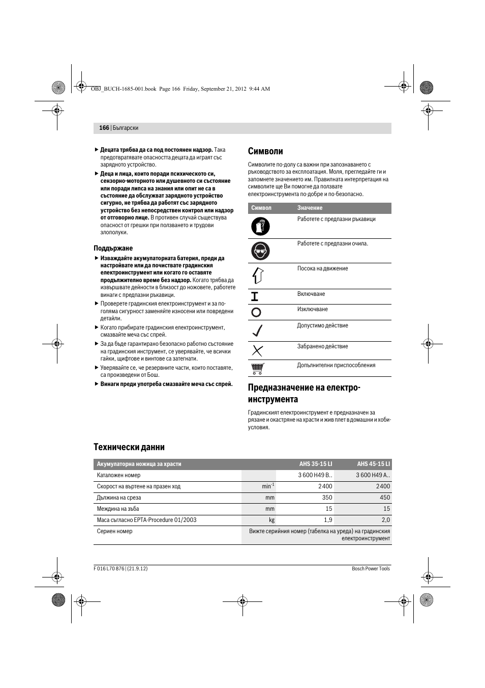 Символи, Предназначение на електро- инструмента, Технически данни | Bosch AHS 45-15 LI User Manual | Page 166 / 236