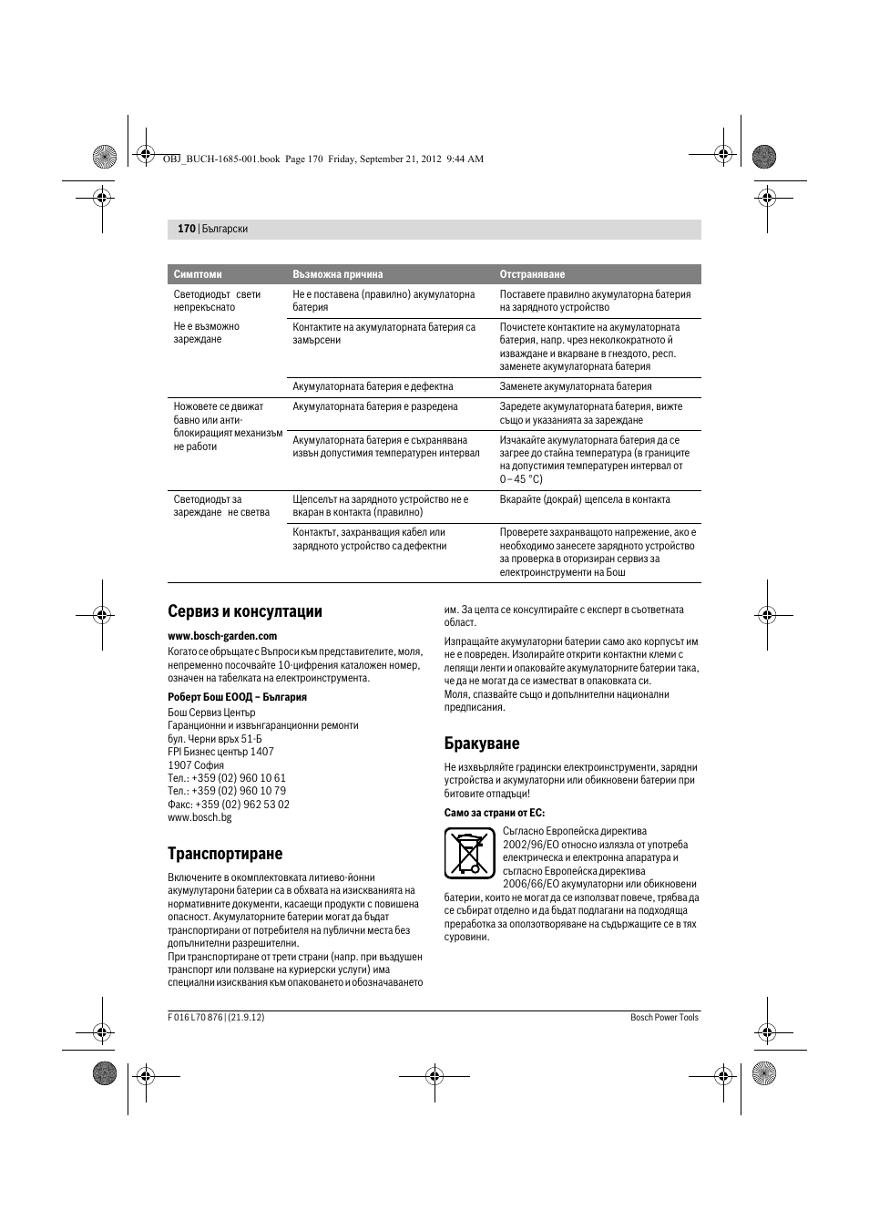 Сервиз и консултации, Транспортиране, Бракуване | Bosch AHS 45-15 LI User Manual | Page 170 / 236