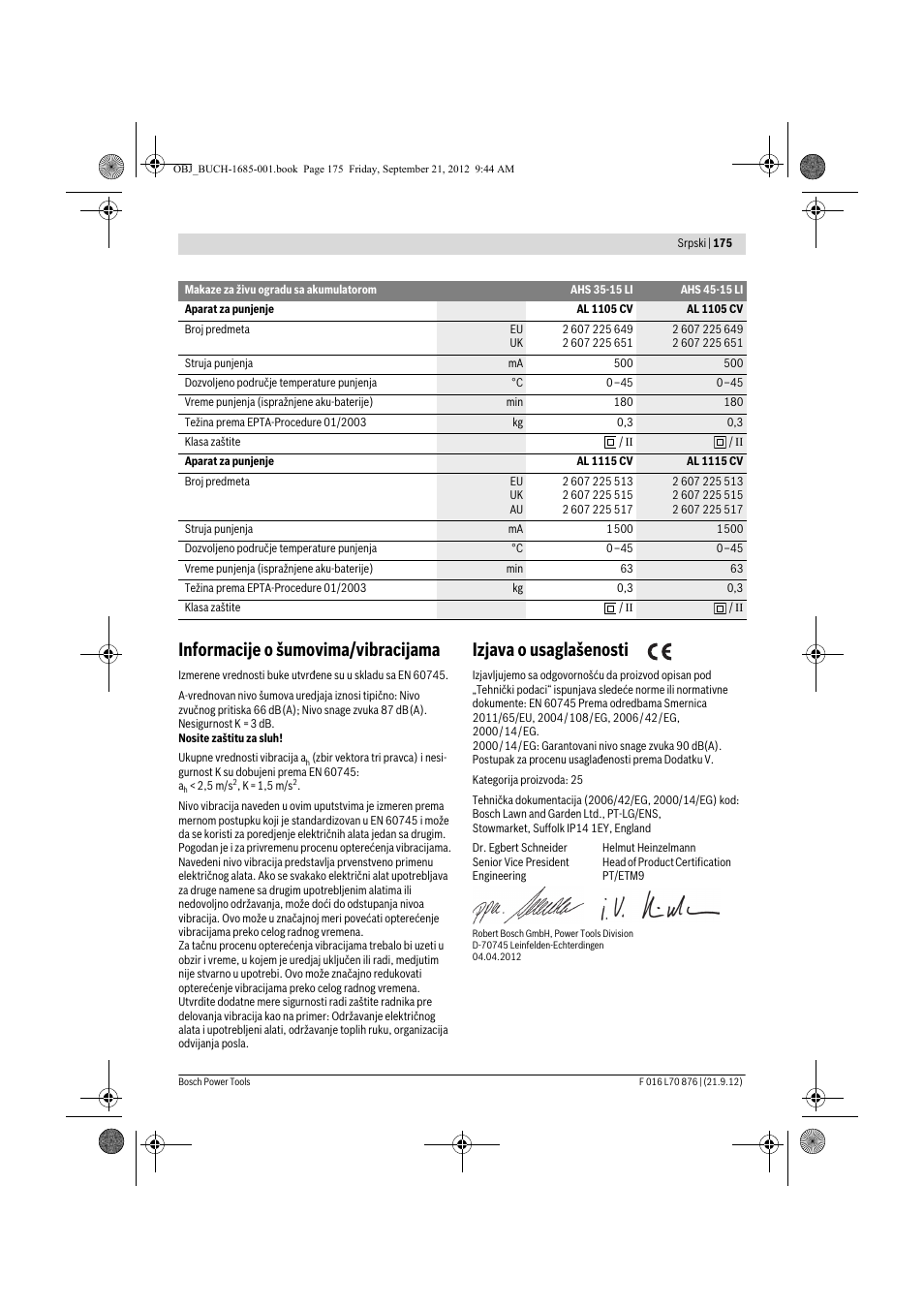 Informacije o šumovima/vibracijama, Izjava o usaglašenosti | Bosch AHS 45-15 LI User Manual | Page 175 / 236