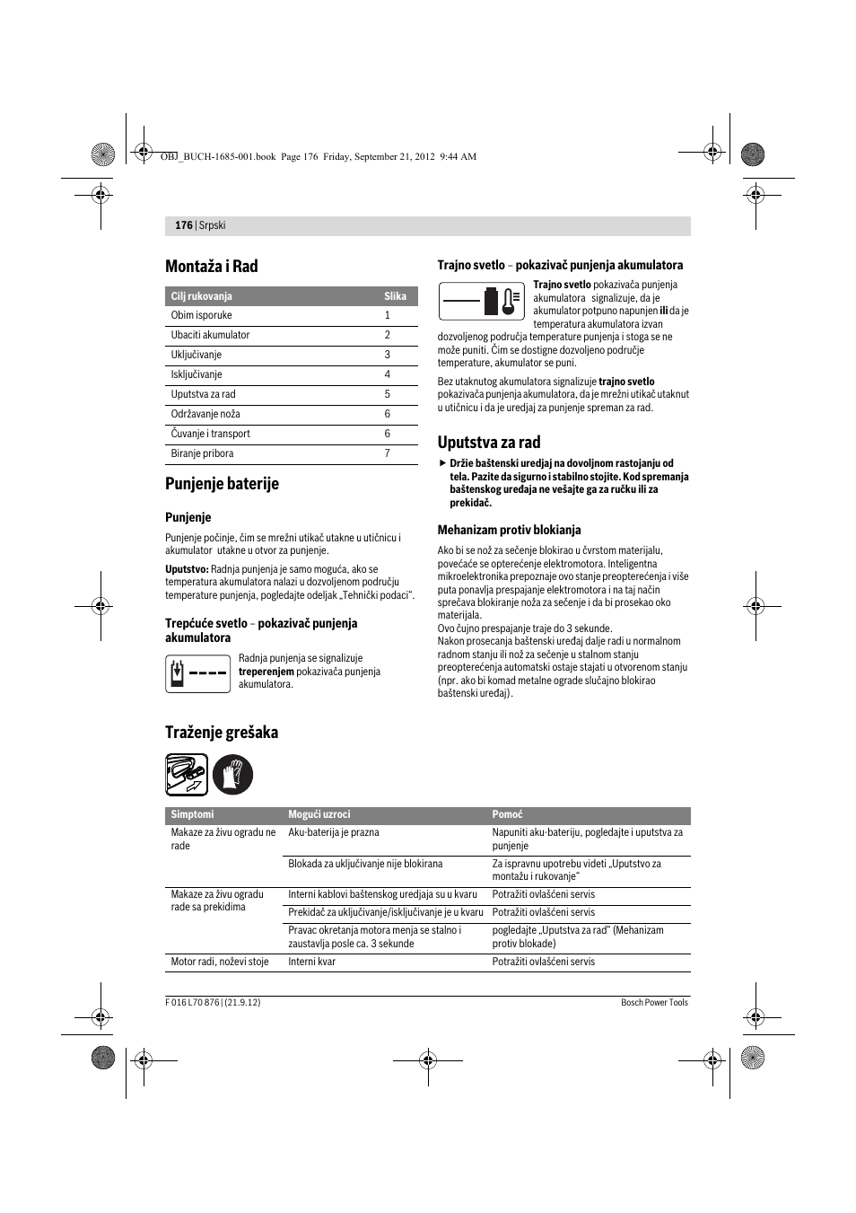 Montaža i rad punjenje baterije, Uputstva za rad, Traženje grešaka | Bosch AHS 45-15 LI User Manual | Page 176 / 236