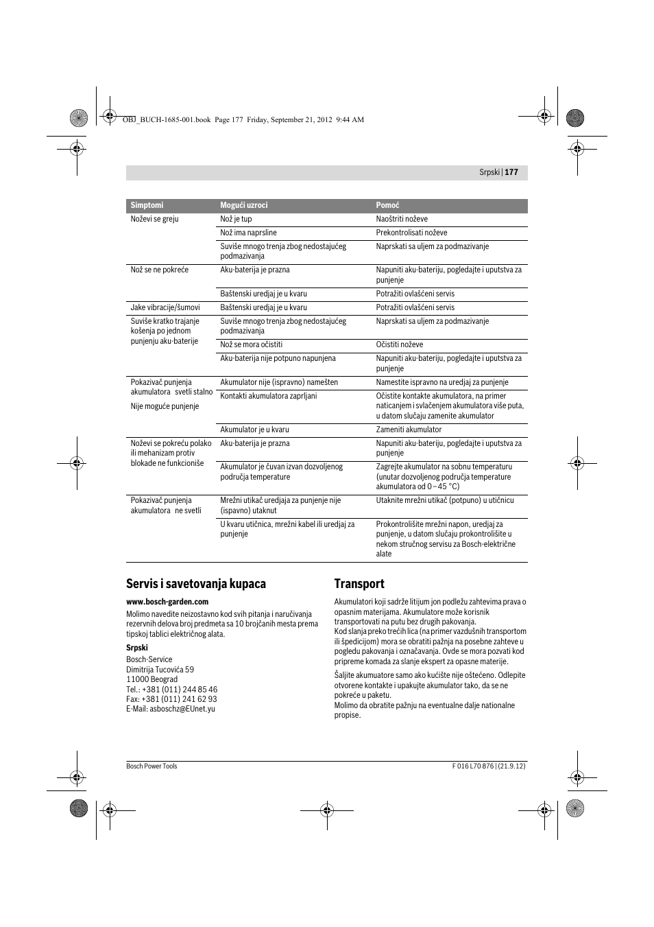 Servis i savetovanja kupaca, Transport | Bosch AHS 45-15 LI User Manual | Page 177 / 236