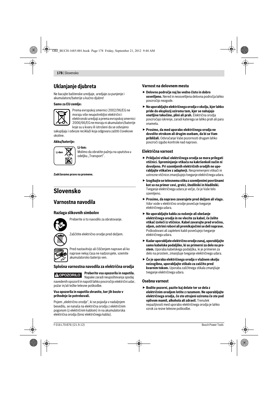 Slovensko, Uklanjanje djubreta, Varnostna navodila | Bosch AHS 45-15 LI User Manual | Page 178 / 236