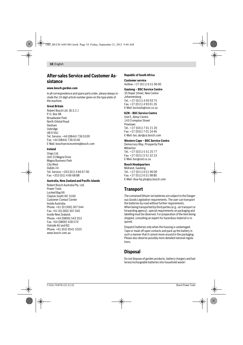 After-sales service and customer as- sistance, Transport, Disposal | Bosch AHS 45-15 LI User Manual | Page 18 / 236
