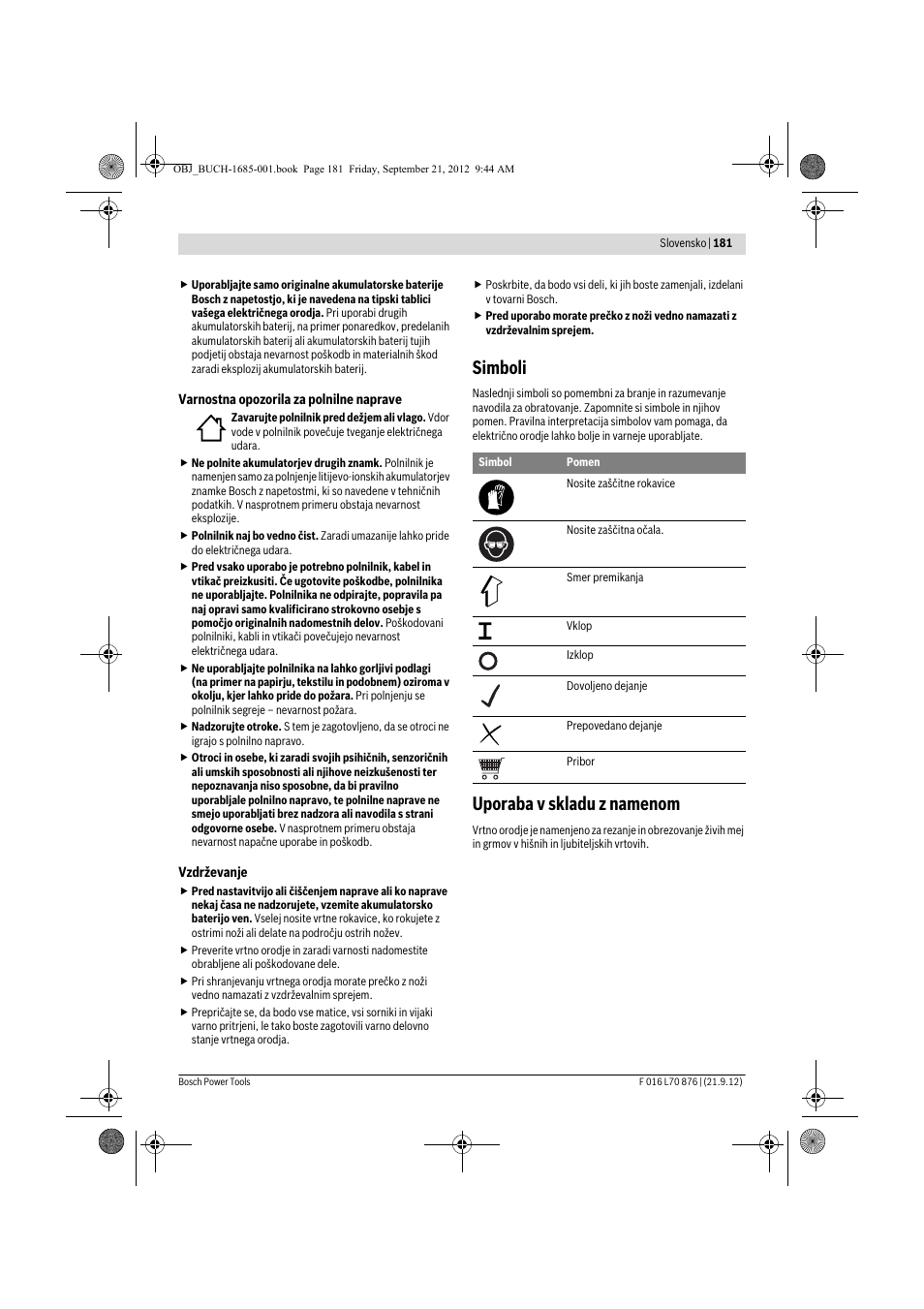 Simboli, Uporaba v skladu z namenom | Bosch AHS 45-15 LI User Manual | Page 181 / 236