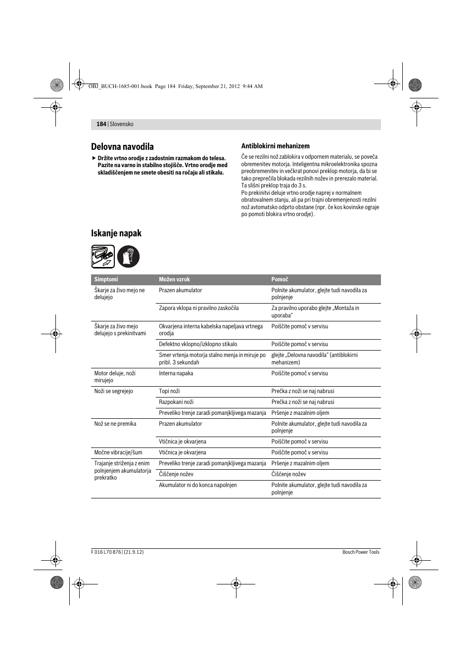 Delovna navodila, Iskanje napak | Bosch AHS 45-15 LI User Manual | Page 184 / 236