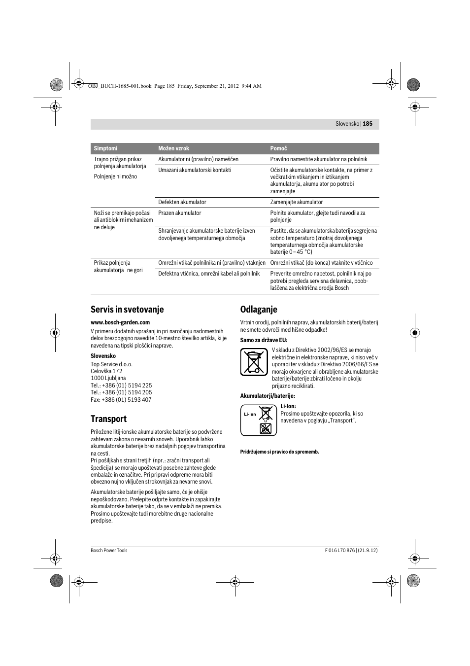 Servis in svetovanje, Transport, Odlaganje | Bosch AHS 45-15 LI User Manual | Page 185 / 236