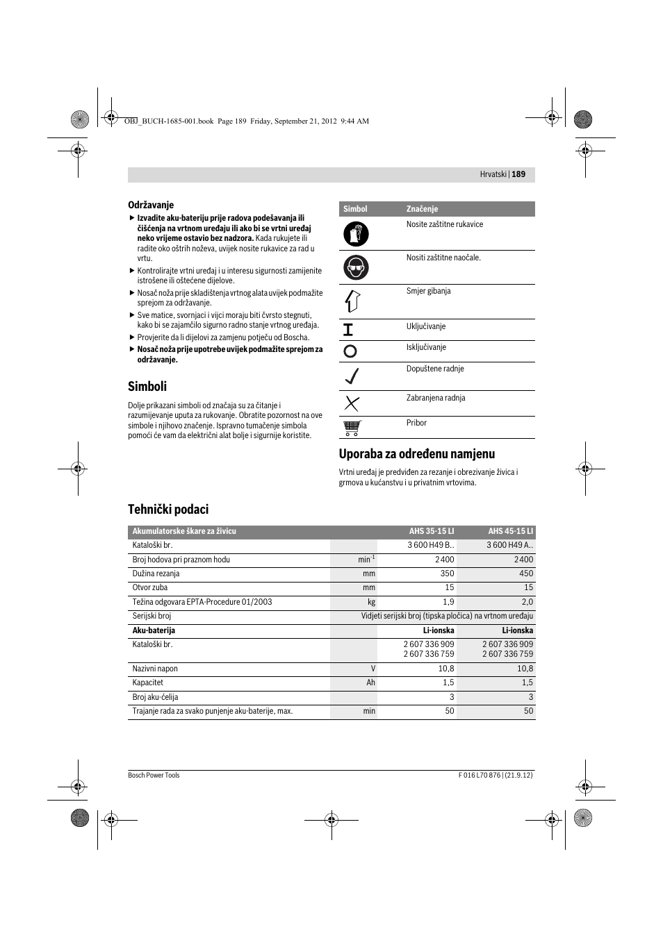 Simboli, Uporaba za određenu namjenu, Tehnički podaci | Bosch AHS 45-15 LI User Manual | Page 189 / 236