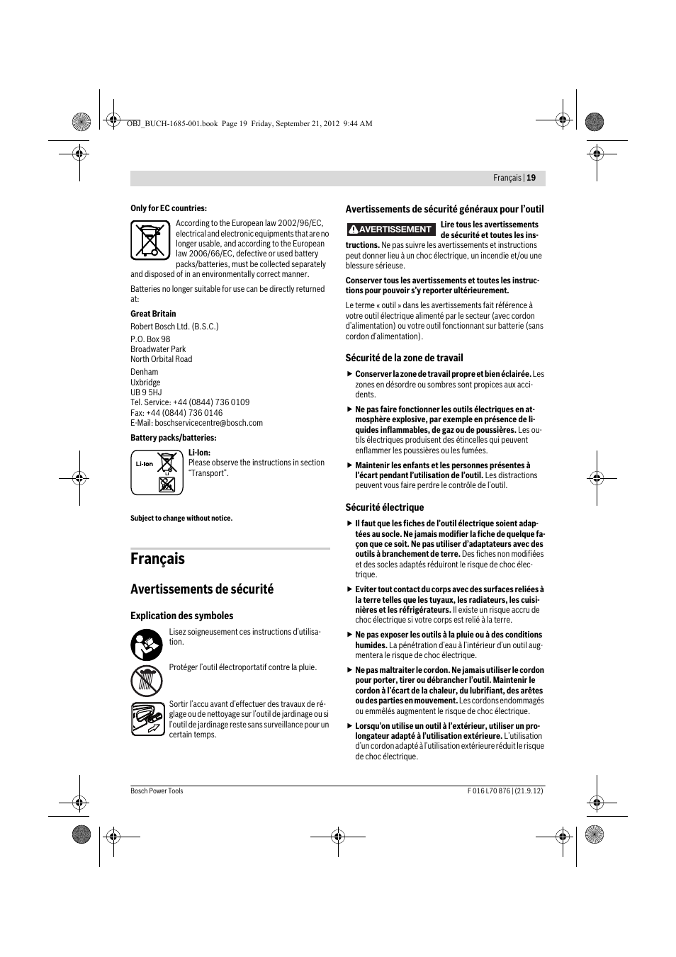 Français, Avertissements de sécurité | Bosch AHS 45-15 LI User Manual | Page 19 / 236