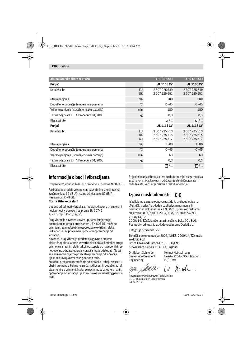 Informacije o buci i vibracijama, Izjava o usklađenosti | Bosch AHS 45-15 LI User Manual | Page 190 / 236