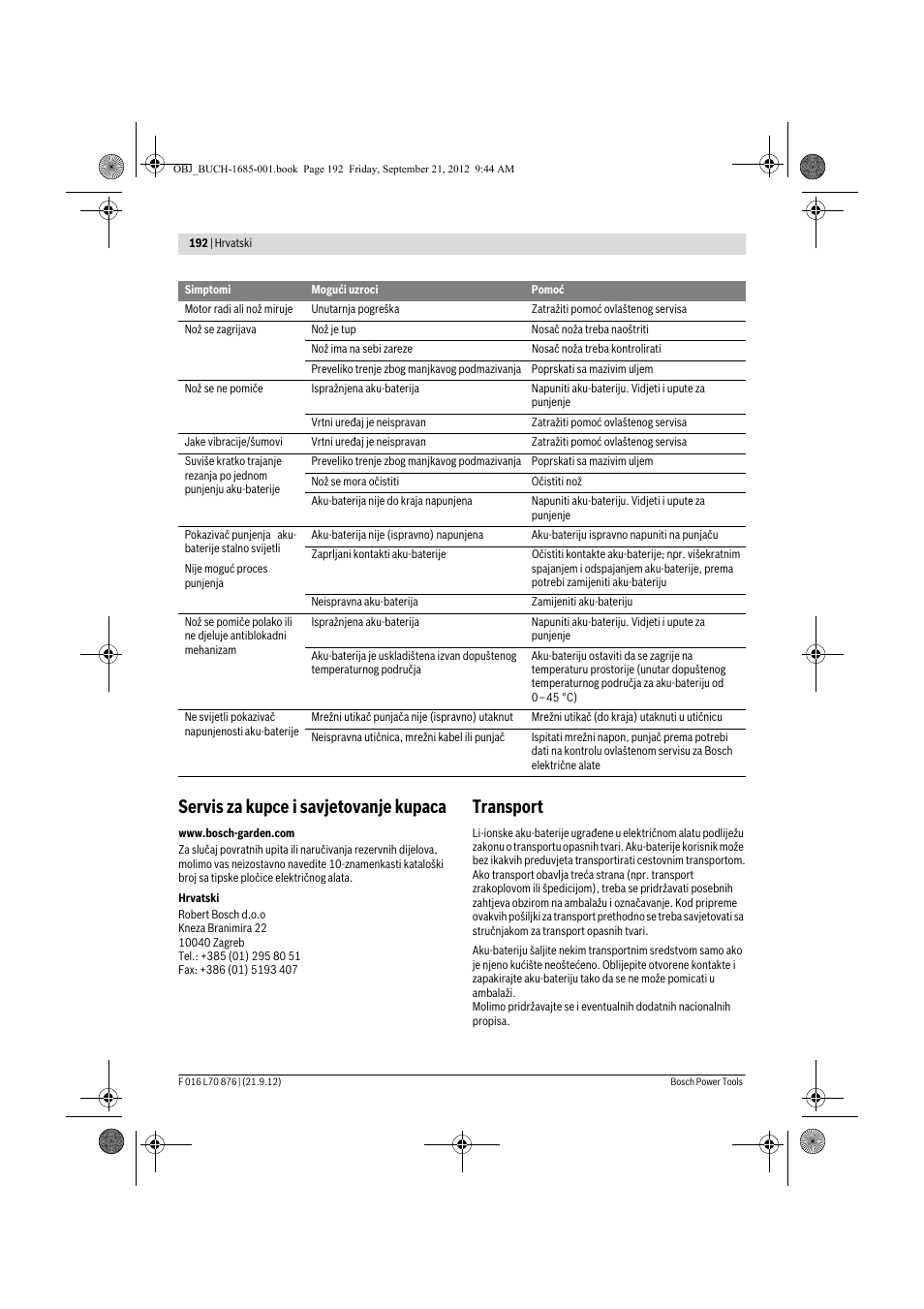 Servis za kupce i savjetovanje kupaca, Transport | Bosch AHS 45-15 LI User Manual | Page 192 / 236