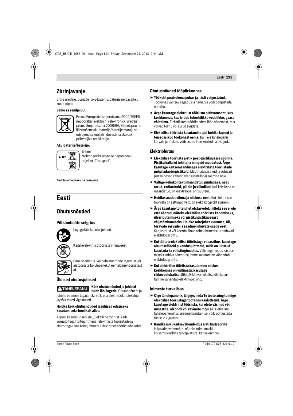 Eesti, Zbrinjavanje, Ohutusnõuded | Bosch AHS 45-15 LI User Manual | Page 193 / 236