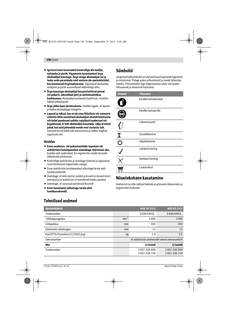 Sümbolid, Nõuetekohane kasutamine, Tehnilised andmed | Bosch AHS 45-15 LI User Manual | Page 196 / 236