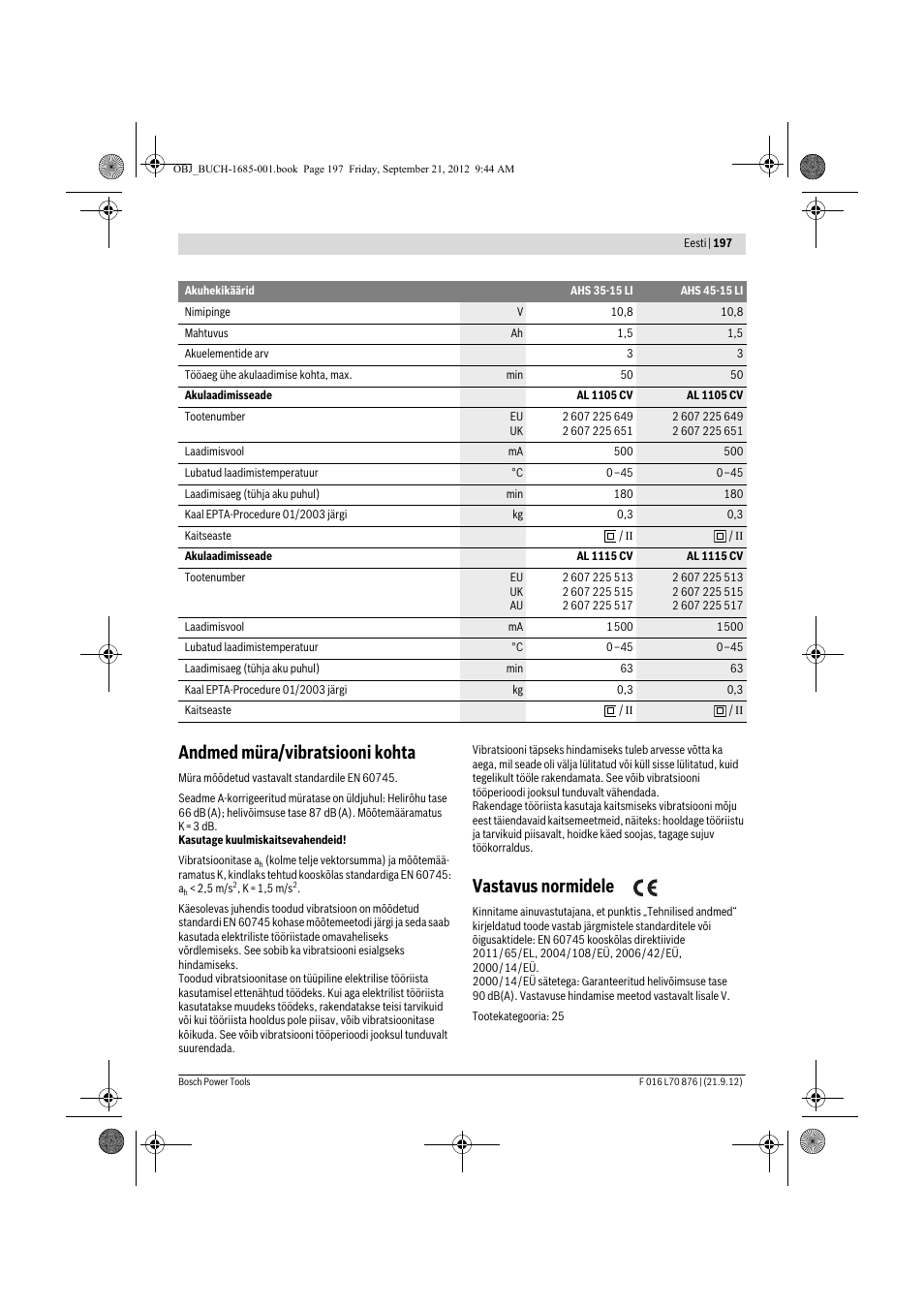 Andmed müra/vibratsiooni kohta, Vastavus normidele | Bosch AHS 45-15 LI User Manual | Page 197 / 236