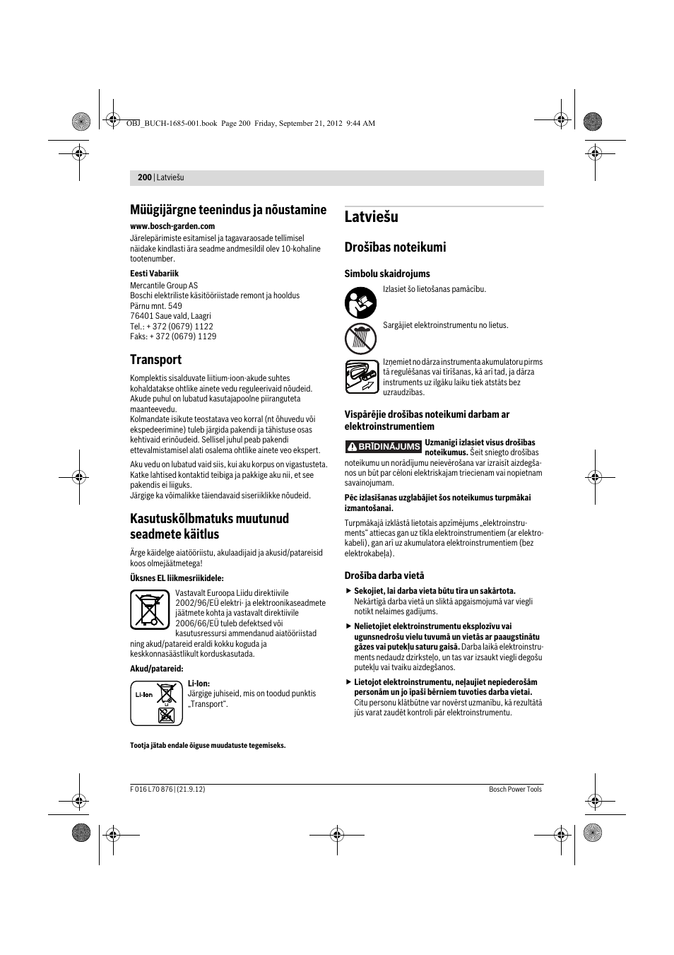 Latviešu, Müügijärgne teenindus ja nõustamine, Transport | Kasutuskõlbmatuks muutunud seadmete käitlus | Bosch AHS 45-15 LI User Manual | Page 200 / 236