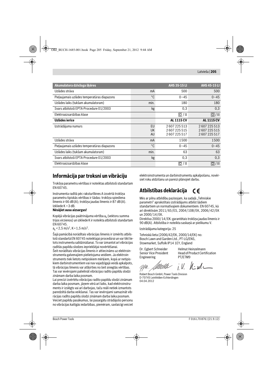 Informācija par troksni un vibrāciju, Atbilstības deklarācija | Bosch AHS 45-15 LI User Manual | Page 205 / 236