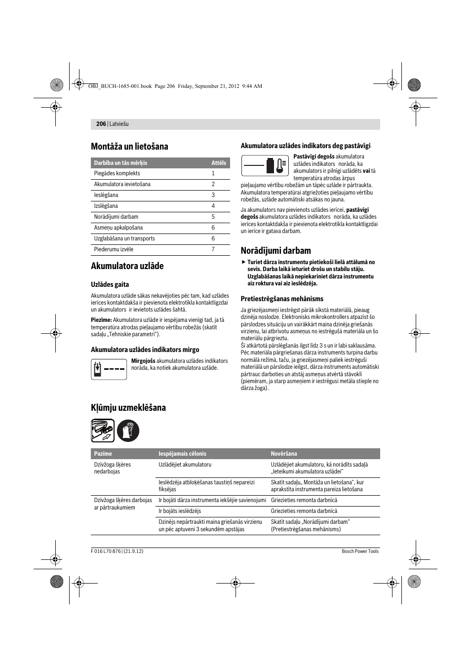 Montāža un lietošana akumulatora uzlāde, Norādījumi darbam, Kļūmju uzmeklēšana | Bosch AHS 45-15 LI User Manual | Page 206 / 236