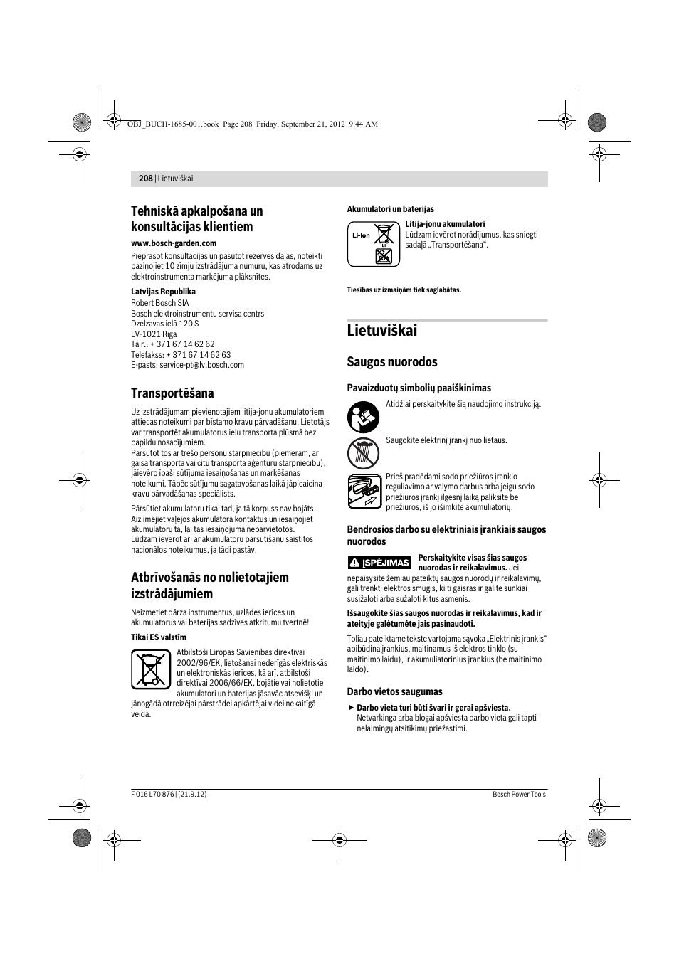 Lietuviškai, Tehniskā apkalpošana un konsultācijas klientiem, Transportēšana | Atbrīvošanās no nolietotajiem izstrādājumiem, Saugos nuorodos | Bosch AHS 45-15 LI User Manual | Page 208 / 236