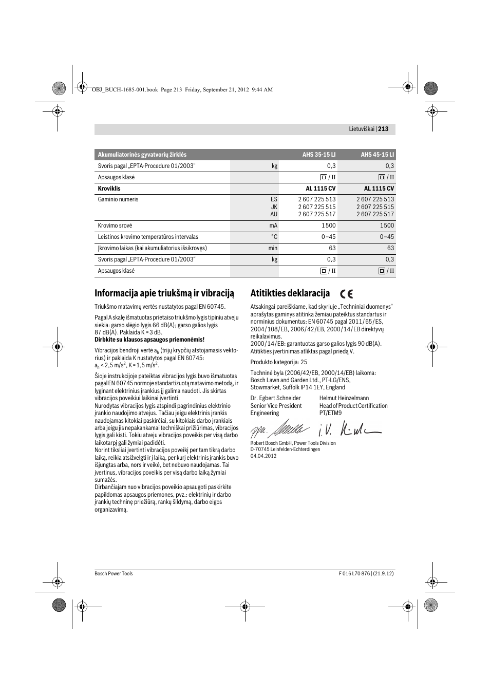 Informacija apie triukšmą ir vibraciją, Atitikties deklaracija | Bosch AHS 45-15 LI User Manual | Page 213 / 236