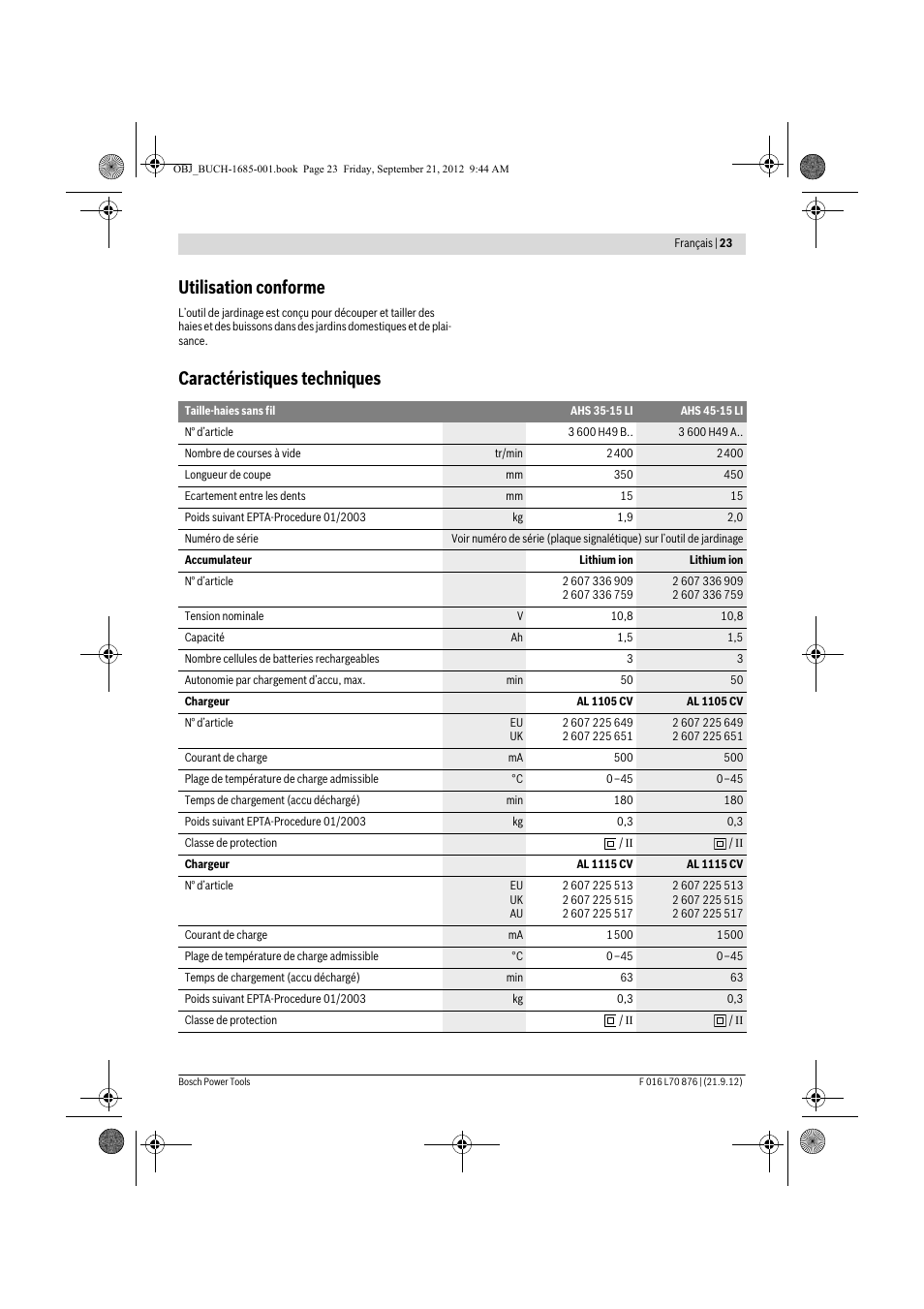 Utilisation conforme, Caractéristiques techniques | Bosch AHS 45-15 LI User Manual | Page 23 / 236