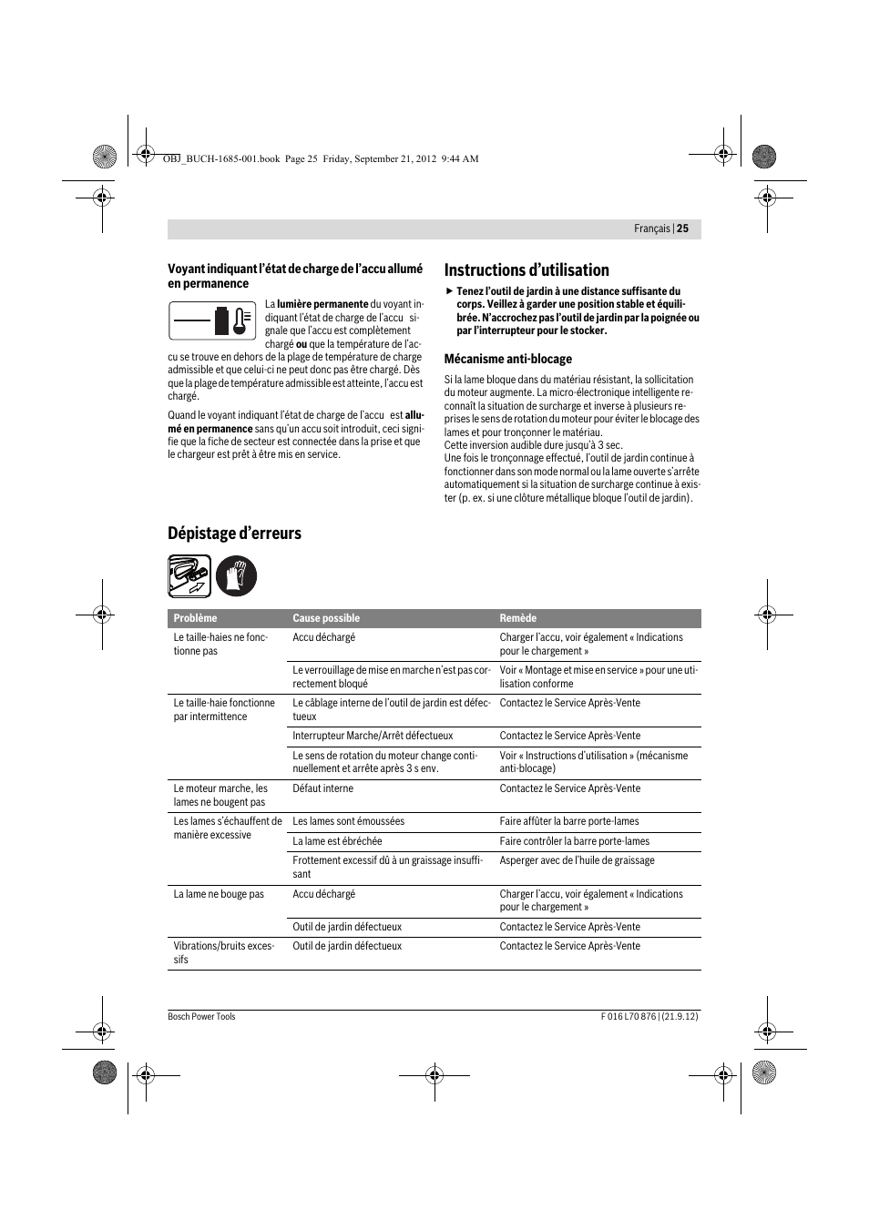 Instructions d’utilisation, Dépistage d’erreurs | Bosch AHS 45-15 LI User Manual | Page 25 / 236