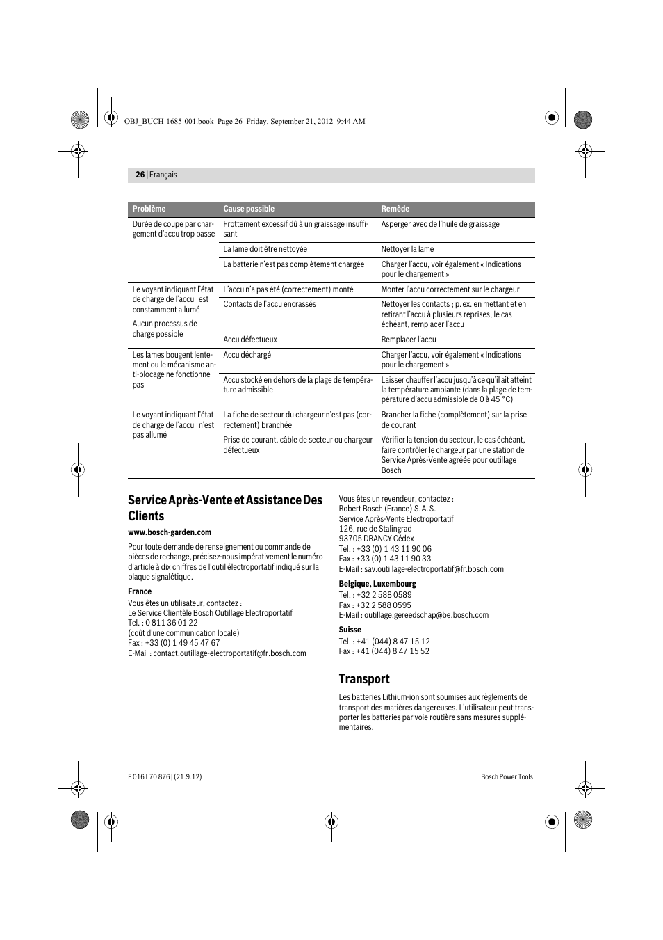 Service après-vente et assistance des clients, Transport | Bosch AHS 45-15 LI User Manual | Page 26 / 236