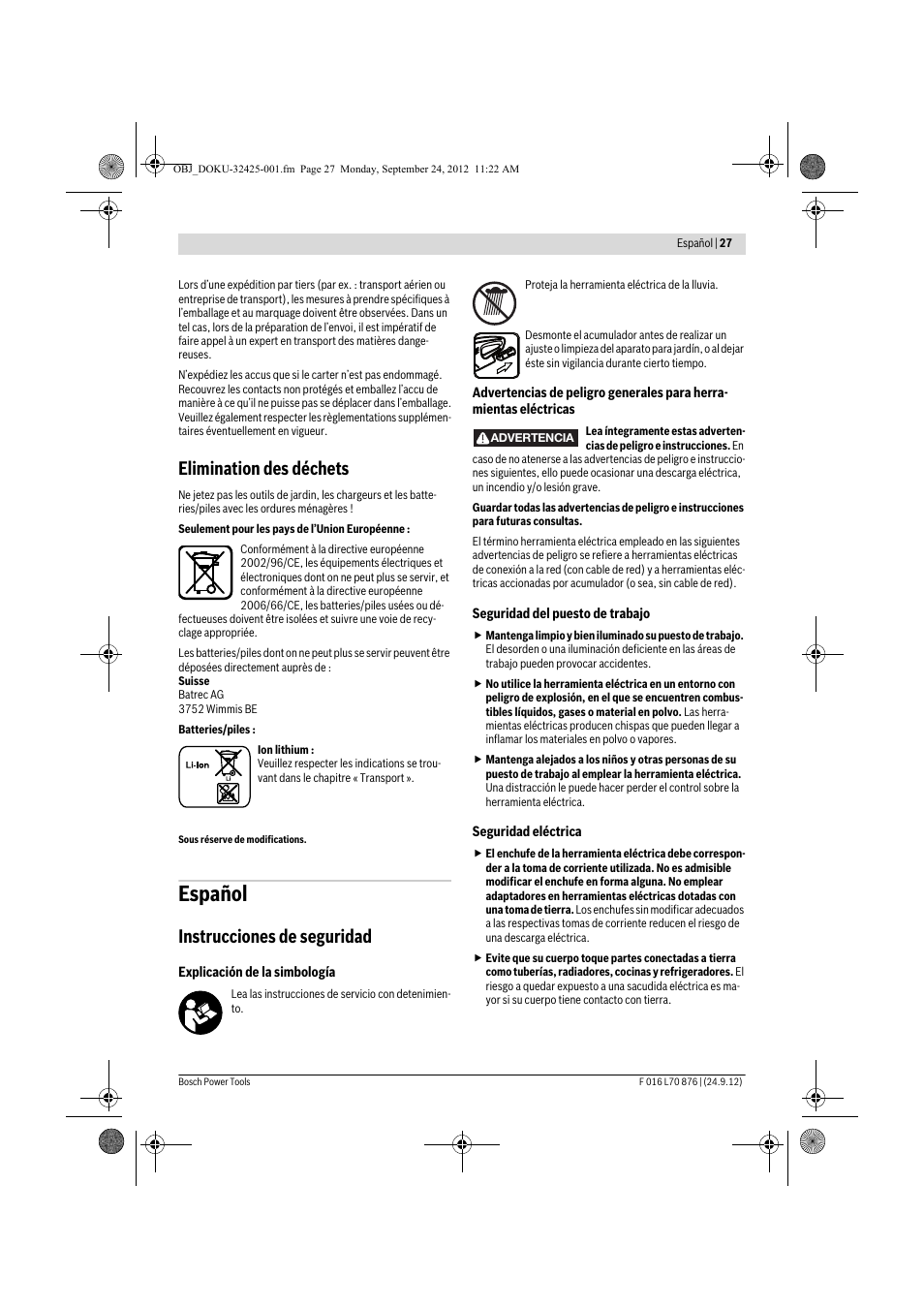 Español, Elimination des déchets, Instrucciones de seguridad | Bosch AHS 45-15 LI User Manual | Page 27 / 236