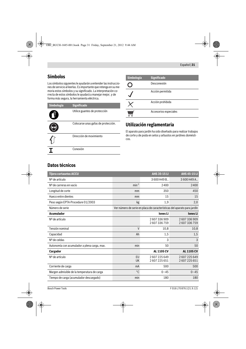 Símbolos, Utilización reglamentaria, Datos técnicos | Bosch AHS 45-15 LI User Manual | Page 31 / 236