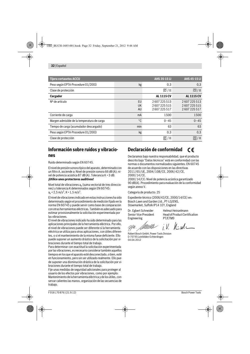 Información sobre ruidos y vibracio- nes, Declaración de conformidad | Bosch AHS 45-15 LI User Manual | Page 32 / 236