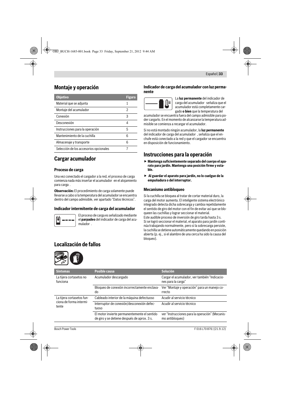 Montaje y operación cargar acumulador, Instrucciones para la operación, Localización de fallos | Bosch AHS 45-15 LI User Manual | Page 33 / 236